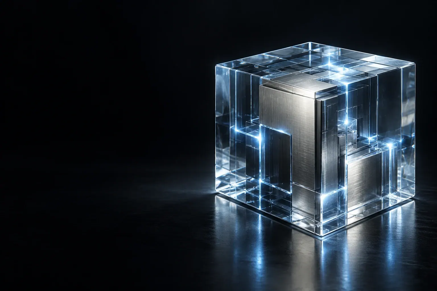 Illuminated glass and titanium cube in a dark architectural space